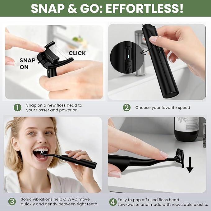 Electric Flosser for Teeth, Water Flosser Alternative with 5 Speeds + 54 Refill Heads, 5X Cleaning & 60 Day Battery Life, Oscillation Gliding for Sensitive Gum Care, Dentist Recommended -Black