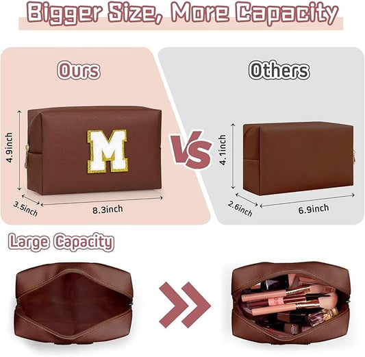 TOPEAST Birthday Gifts for Girls, Travel Makeup Bag Chenille Letter Pouch Cosmetic Bag, Makeup Travel Organizer, Monogrammed Bridesmaid Gifts for Women, Cute Stuff for Girls (Brown J)