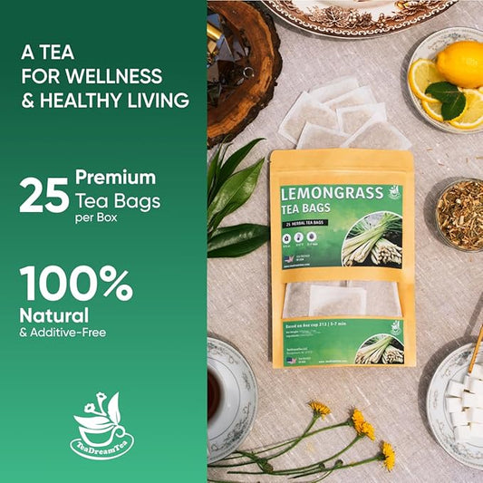 Lemongrass Tea Bags - 25 Bags (Premium Natural Pure Leaf Tea - 25 Count) Gluten-Free and Caffeine-Free Herbal tea for Relaxation, Wallness, Immune Support with Smooth Taste