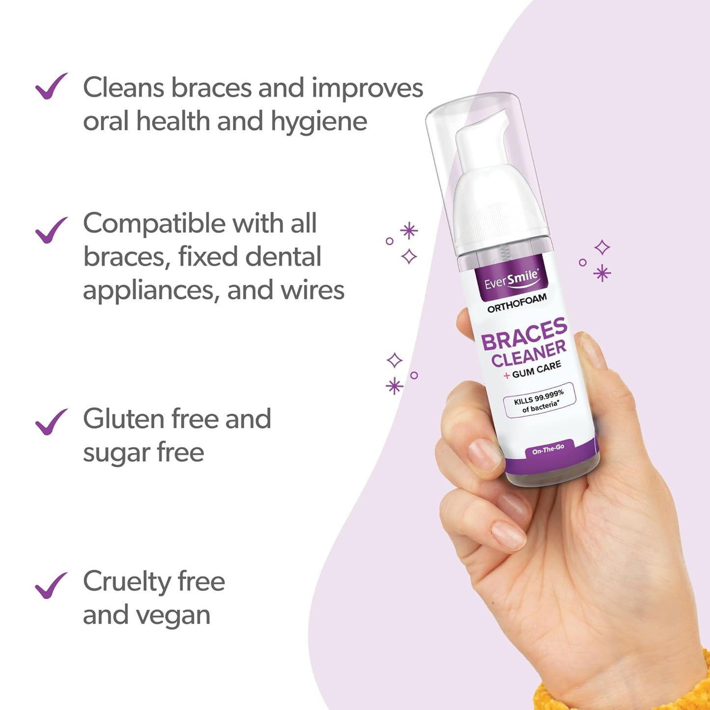 EverSmile OrthoFoam Braces Cleaner — Brushable Foam Whitens Teeth, Eliminates Bacteria, Fights Plaque and Bad Breath – Cleans Under Metal, Ceramic, Clear Brackets and Wires – 50ml (2 Pk)