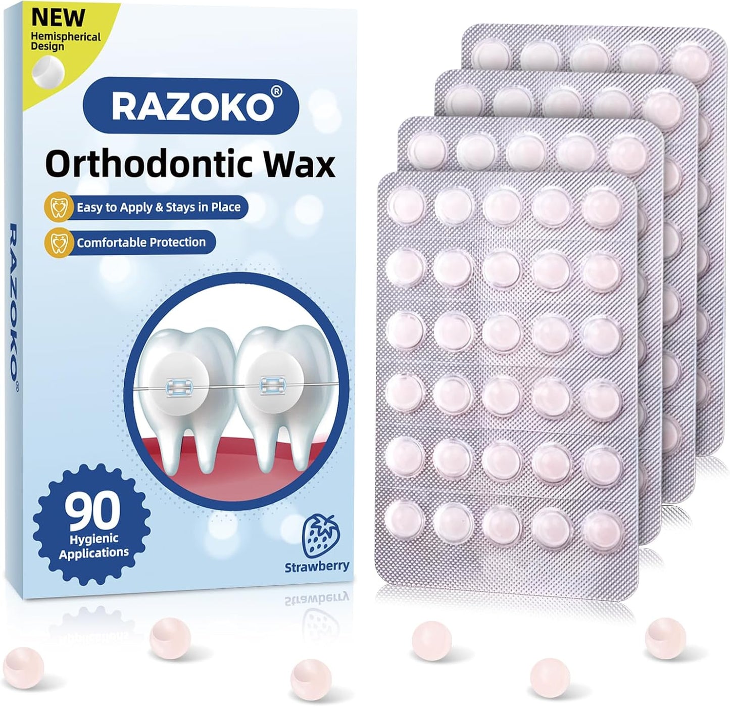 RAZOKO Orthodontic Wax for Braces Wax Dots 90 Individual Hygienic Packaging Dental Wax Strawberry