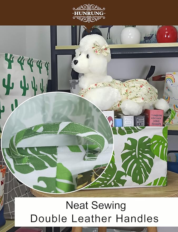 HUNRUNG Rectangle Storage Basket Cute Canvas Organizer Bin for Pet/Children Toys, Books, Clothes Perfect for Rooms/Playroom(Leaf)