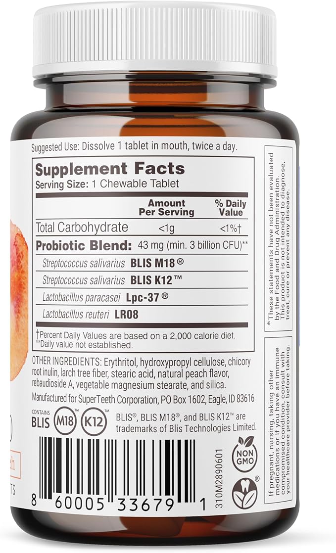 Super Teeth ENT Probiotic | BLIS K12 & M18 Probiotics | for Oral Microbiome Health & Sinus, Throat & Immune Support | 60 Natural Peach Flavored Chewable Tablets | Dental Probiotic