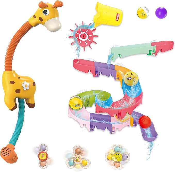 Mostop Toddler Bath Toys for Kids Ages 4-8 - Duck Slide Baby Bathtub Toys with Shower Head - Fun DIY Suction Cup Bathtub Time Wall Track Building Set- Birthday Gift for Baby Boys Girls 3+ Year Old