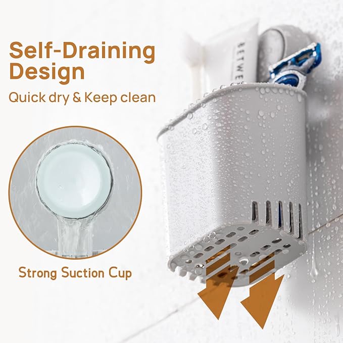 LEVERLOC Powerful Suction Cup Toothbrush Holder, Drill-Free Wall Shower Holder for Toothbrush, Toothpaste, Razor, Removable Suction Cup in Shower, Self-draining Kitchen Tableware Organizer, Gray