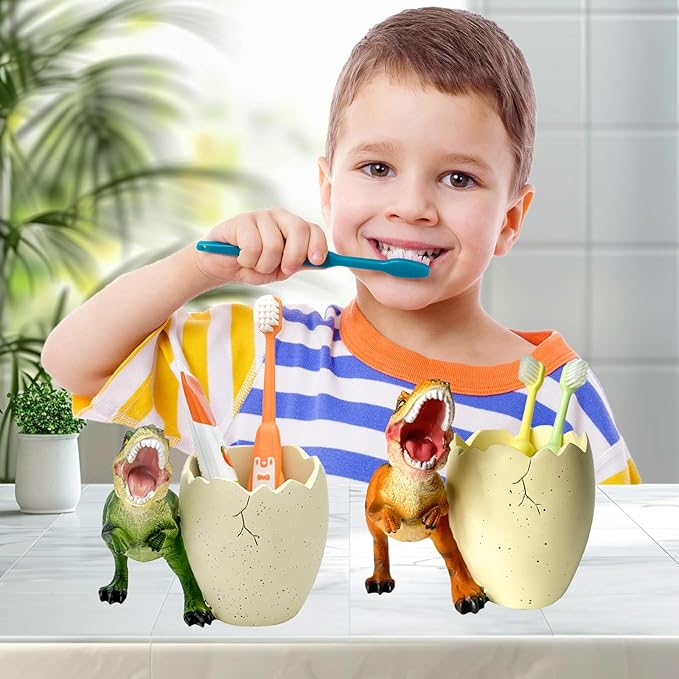 FlidRunest 2 PCS Dinosaur Kids Toothbrush Holders for Bathrooms - Cute Dino Toothbrush Holder - Easy to Clean Toothbrush and Toothpaste Holder - Dinosaur Bathroom Decor Accessories-Green+Orange