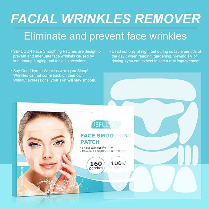 sefudun Smile Line & Forehead Wrinkle Patches — Overnight Anti-Wrinkle Face Tape with Hyaluronic Acid, Collagen & Aloe — 160 All Natural Patches for Fine Lines