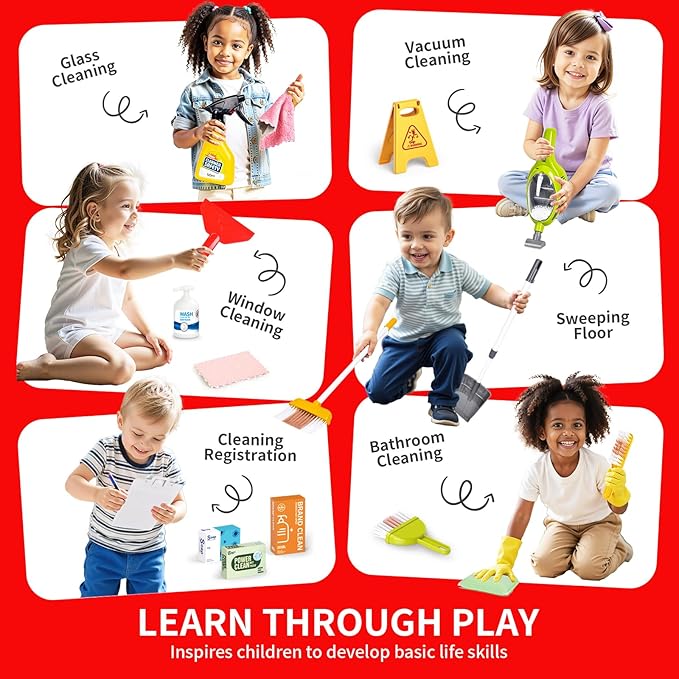 Kids Cleaning Toy Set, Toddler Cleaning Set, Pretend Play Cleaning Toys with Handheld Vacuum That Really Works,Cleaning Supplies,Cleaning Cart for Kids Toddler Christmas Birthday Gift(Red)