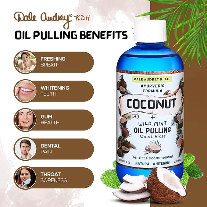 Dale Audrey Coconut Pulling Oil for Teeth and Gums with Stainless Steel Tongue Scraper | CocoMint Oil Pulling Mouthwash, Ayurvedic Alcohol-Free Teeth Whitening Mouthwash for Gums & Bad Breath- 8 FL Oz