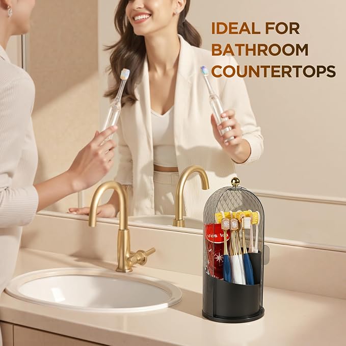 3 Slots Toothbrush Holders with Lid, Rotating Concealed Tooth Brush Holders for Bathroom, Countertop Toothbrush Holder with Cover, Toothpaste Holder for Bathrooms, Makeup Brush Holder(Black)