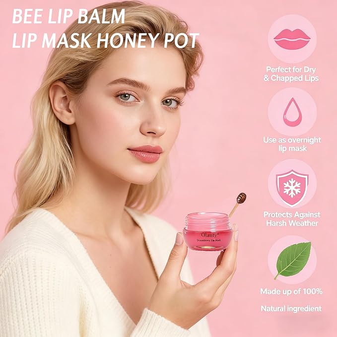10 PCS Bee Lip Balm Lip Mask Honey Pot,Strawberry,Watermelon,Cherry,Peach,Apple Lime,Mint,Coconut,Grapes,Aloe,Honey Lip Balm Bulk Lip Sleeping Mask Overnight Lip Moisturizer Treatment,Reduce Lip Lines