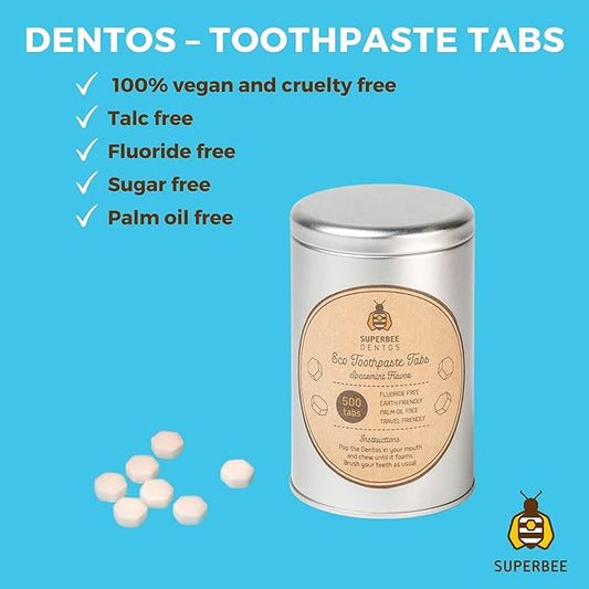 SuperBee Dentos Toothpaste Tablets, 500 Tabs, Fluoride Free & Eco Friendly, Travel Mouthwash Tablets, Sensitive Bites for Kids and Adults, Chewable Tablet, Spearmint