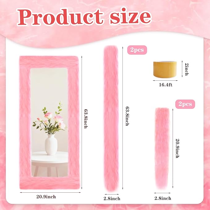 Fluffy Full Length Mirror Cover Universal Ultra Soft Non-Slip Border with Adhesive Tape Pink Fuzzy Frame Decor for Standing Mirror Bedroom Cloakroom Home Decor Women Gifts (pink, 64 x 21 Inch)