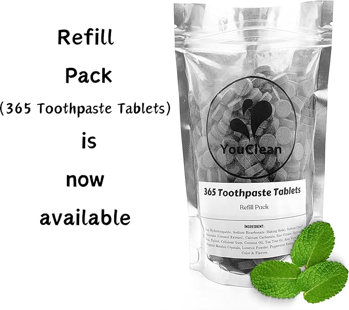 90 Toothpaste Tablets in Refill/Recycle Glass Tube - for Travel and Daily Home Office Use - Nano Hydroxyapatite, Fluoride-Free, Vegan (Charcoal Mint)