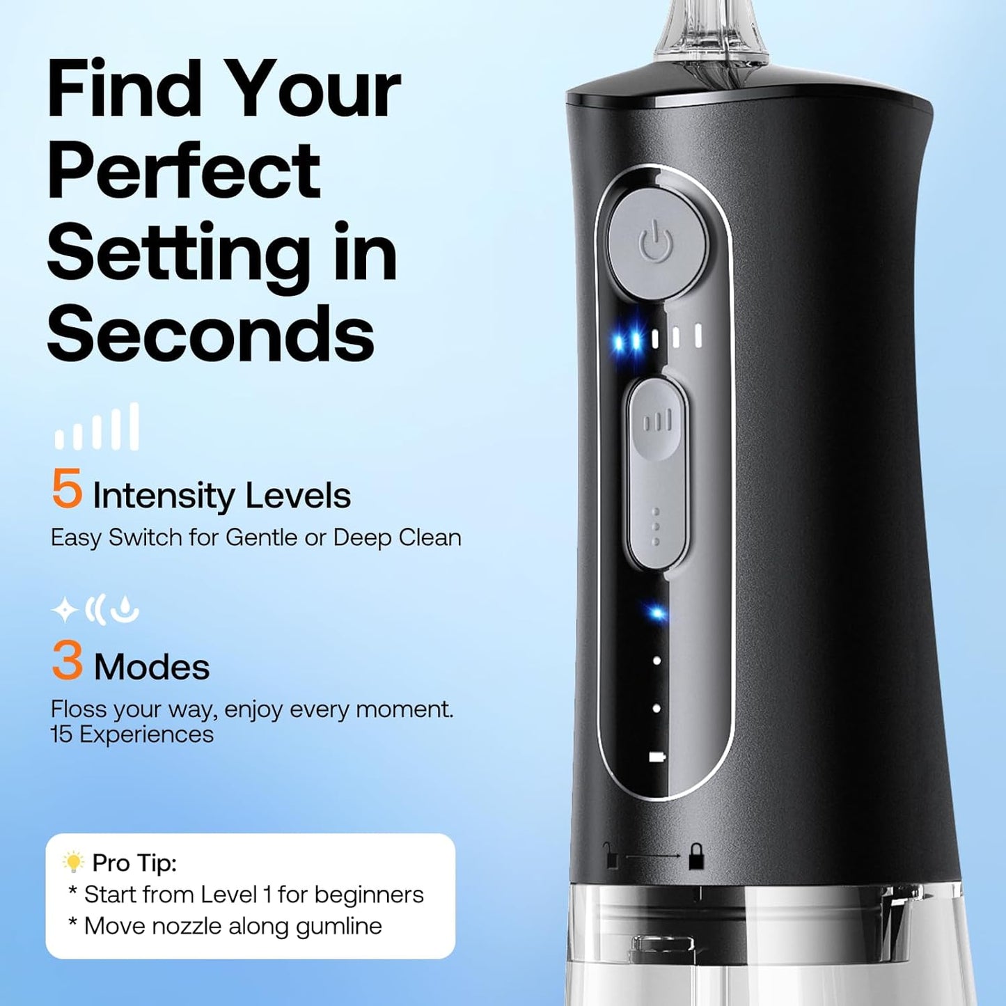 Bitvae Water Dental Flosser for Teeth, Cordless Water Teeth Cleaner Picks, 3 Modes 5 Intensities, IPX7 Waterproof, Rechargeable Water Dental Picks for Cleaning - Black