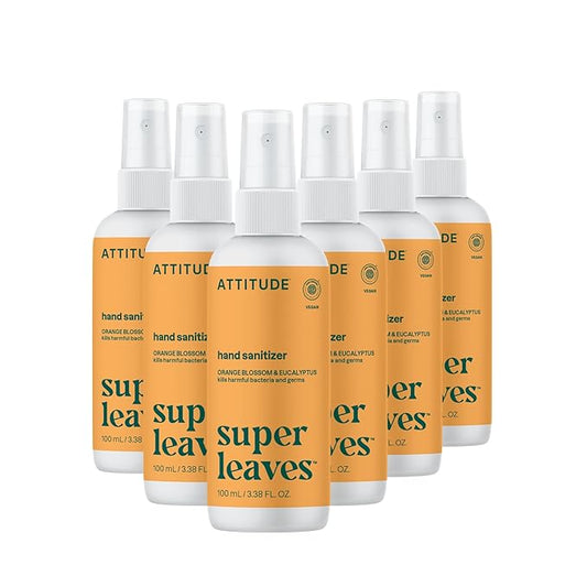 ATTITUDE Hand Sanitizer Spray, EWG Verified, Kills Germs & Bacteria, Vegan & Plant-Based, Safe for Adults & Kids, Orange Blossom & Eucalyptus Scent, 3.38 Fl Oz (Pack of 6) (Spray Bottle)