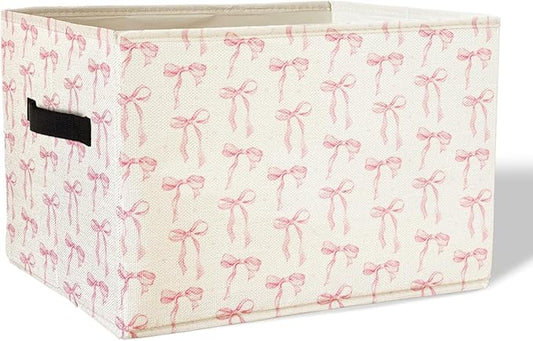 Coquette Pink Bow Storage Basket Bins With Handles for Girls Kids, Pink Bow Decor Foldable Organizer Basket Toybox for Girls Room Nursery Bedroom Bathroom Clothes Toys Books