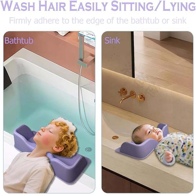 Hair Washing Station for Kids, Silicone Portable Shampoo Bowl and Elderly with Rinse Cup & Scalp Massager, Hair Washing Basin for Sink or Bathtub at Home with Neck Support Purple