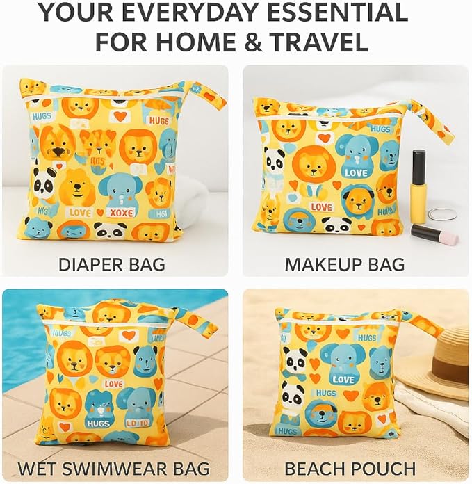 Waterproof Wet Dry Bag, Reusable Diaper Pouch with Zipper, Machine Washable Travel Organizer for Beach, Daycare, Kids, Dinosaur Pattern (Orange Lion)
