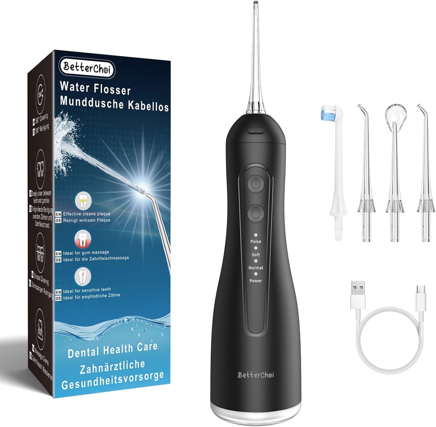 Betterchoi Water Flossers for Teeth, Portable Cordless Water Dental Flosser Teeth Pick, Oral Irrigator – 4 Cleaning Modes, 1800 Pulses, IPX7 Waterproof, USB Type-C Charging for Home Travel, Black