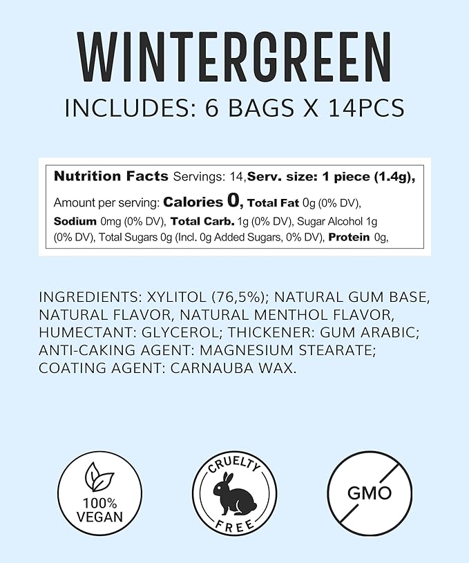 Sugar Free Natural Chewing Gum (84 Pcs) - Xylitol Gum with Stevia - Aspartame Free - All Natural Gum - Vegan, Gluten Free Keto - Wintergreen