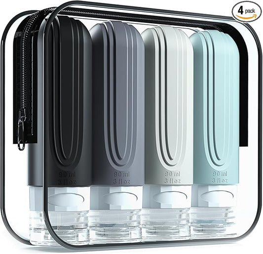 Travel Bottles for Toiletries, Tsa Approved 3oz Travel Size Containers BPA Free Leak Proof Refillable Liquid Silicone Squeezable Travel Accessories for Shampoo Conditioner Lotion (4 Pack)