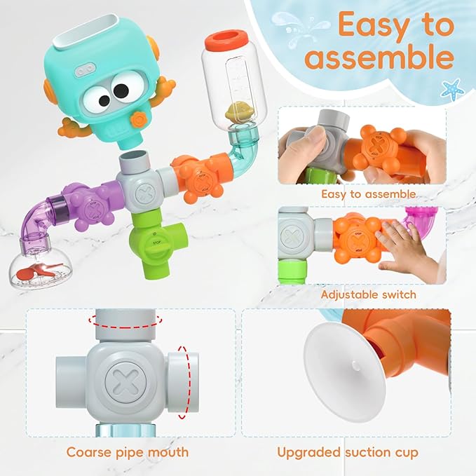 Bath Toys for Kids Ages 4-8 | 27PCS DIY Water Pipe Assembly Kit with Storage Bag | STEM Building Educational Bathtub Toys for Toddler 3-5 | Creative Shower Toy Birthday Gifts for Boys & Girls