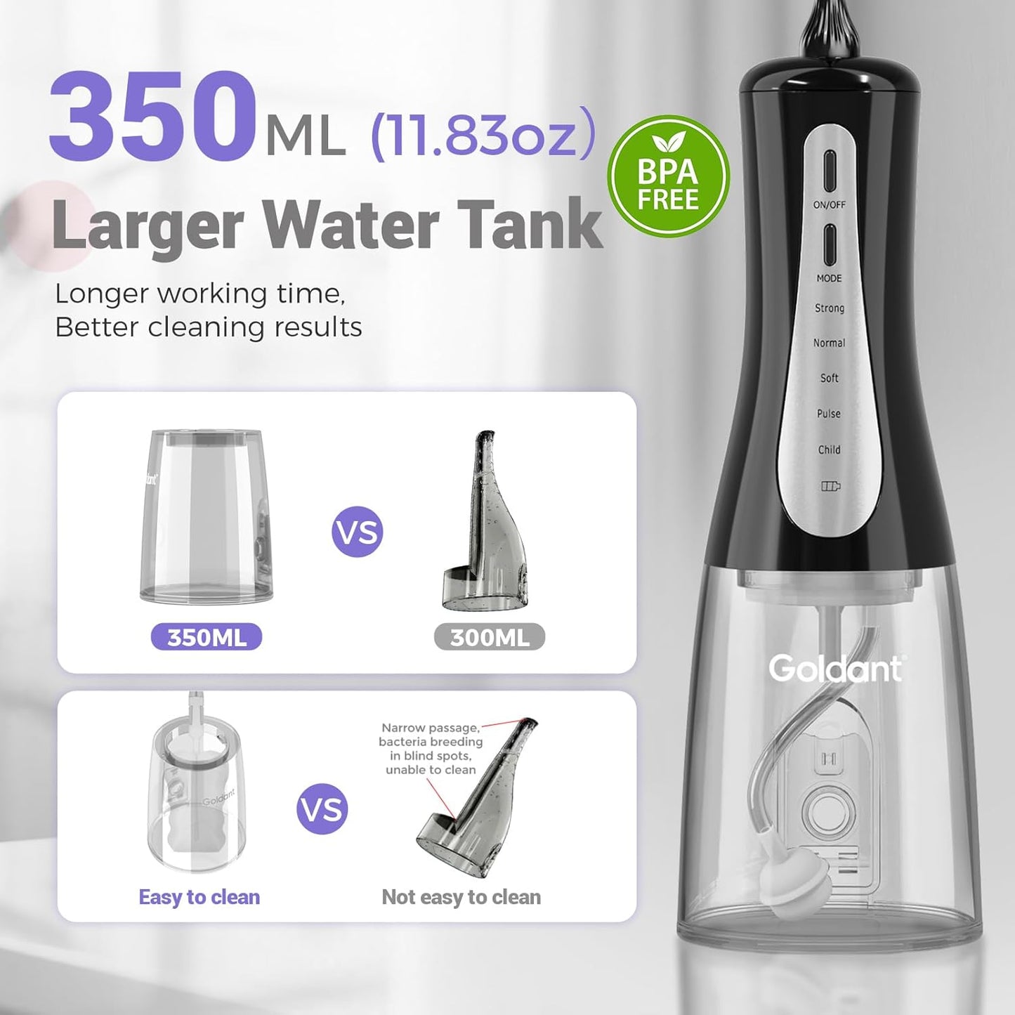 350ML Water Dental Flosser Teeth Pick with Travel Bag, 5 Modes Portable Cordless Oral Irrigator Cleaner, Electric Rechargeable IPX7 Waterproof for Home Travel Teeth Cleaning flossing(Black)