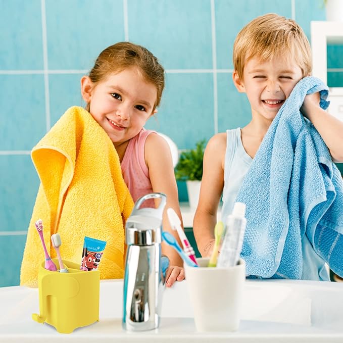Kids Toothbrush Holder, Cute Elephant Toothbrush Holders for Toddler, Toothbrush Toothpaste Holder for Bathroom, Toothbrush Organizer with 3 Slots and a Hook, Yellow