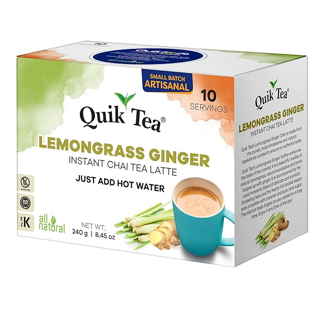 Quik Tea Lemongrass Ginger Instant Chai Tea Latte - 10 Count Single Box - All Natural Digestion Tea | Just add hot water