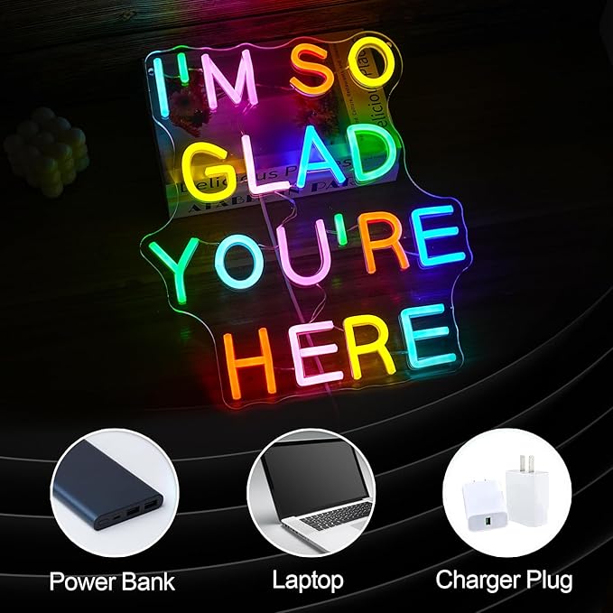 I’m So Glad You’re Here Neon Sign Dimmable Positive Affirmation LED Neon Light for Wall Decor USB Powered Multicolored Light Up Sign for Classroom Wedding Party Store Home Neon Decor