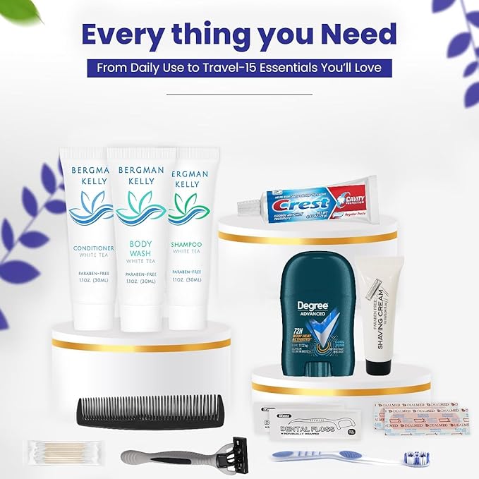 Trektote Bulk Hygiene Kit For Men – (25 Pack) 12 Piece Set Of Travel Size Toiletries, TSA Compliant, Bulk Travel Essentials, Includes Shampoo And Conditioner, Body Wash, Toiletry Bag & More