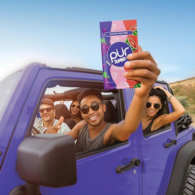 PUR Jumbo Gum | Aspartame Free Chewing Gum | 100% Xylitol | Natural Bubblegum, Grape, Watermelon Flavor, 20 Pieces (Pack of 10)