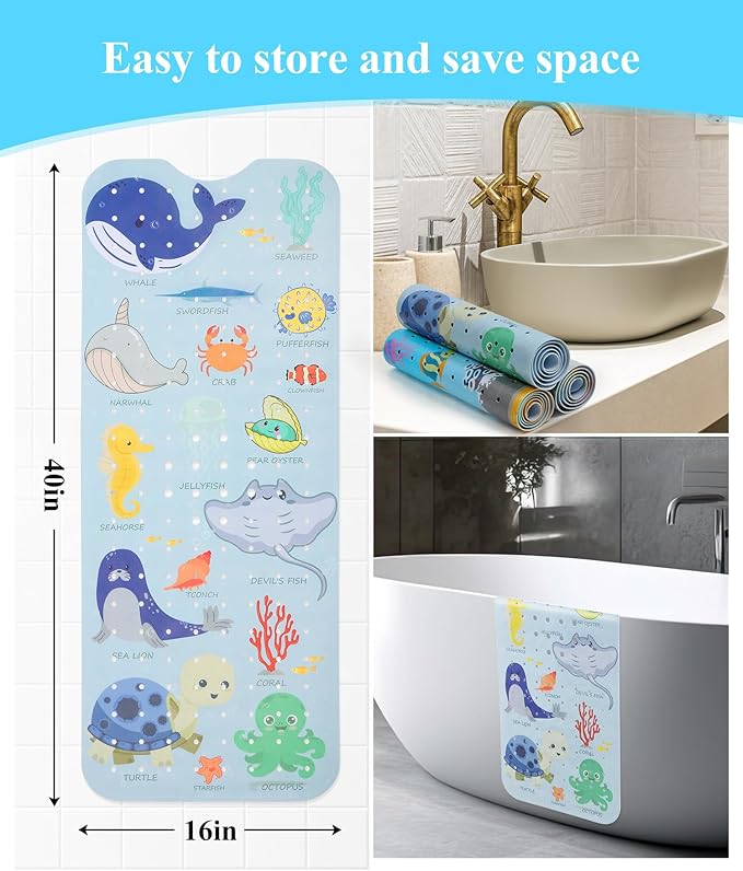 Bath Mat for Tub Non Slip, Machine Washable Anti-Slip Cartoon Baby Bathtub Shower Mat with Drain Holes and Suction Cups for Toddler & Kids, 40 Inch x 16 Inch, Blue Sea Animals