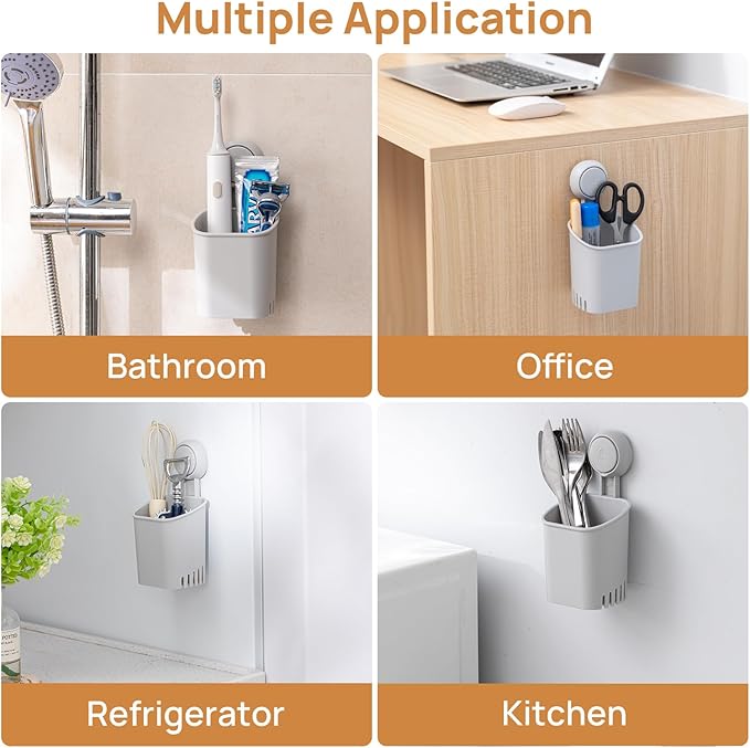 LEVERLOC Powerful Suction Cup Toothbrush Holder, Drill-Free Wall Shower Holder for Toothbrush, Toothpaste, Razor, Removable Suction Cup in Shower, Self-draining Kitchen Tableware Organizer, Gray