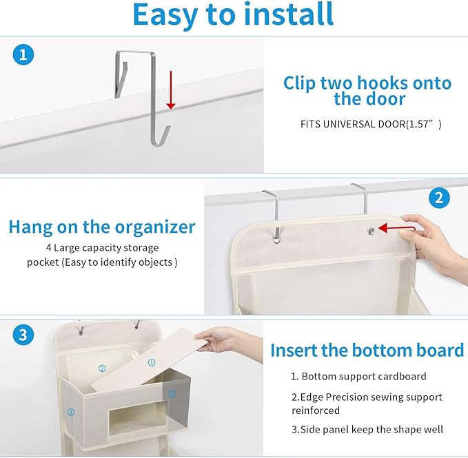 MAX Houser 5-Shelf Over The Door Hanging Organizer with 2 Metal Hooks, 5 Pocket Over The Door Wall Mount Storage with Clear Windows for Baby Nursery Bathroom Closet,Bedroom,Dorm,Diapers,Kids(Beige)