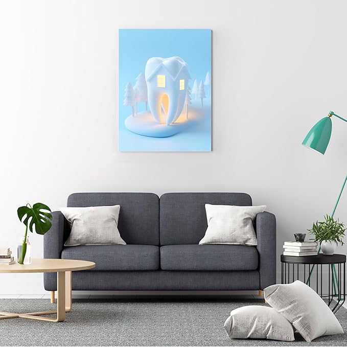 Modern Tooth Watercolor Art,Minimalist House Canvas Print,Contemporary Dental Decor,Cozy Living Room Art,8x12inch Framed Display Ready to Hang