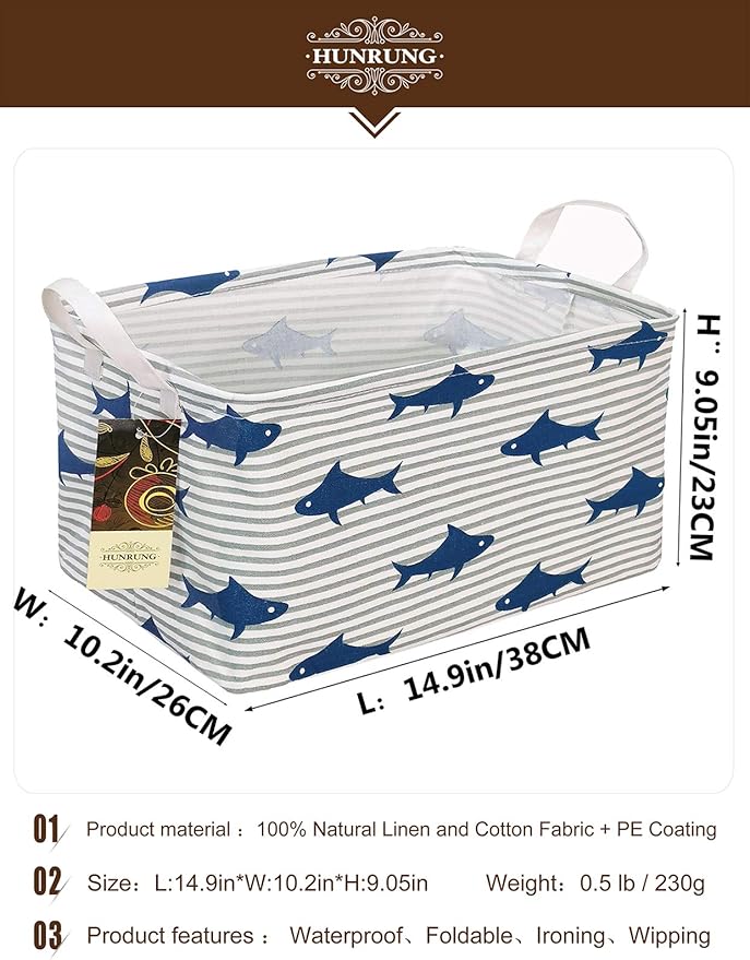 HUNRUNG Rectangle Storage Basket Cute Canvas Organizer Bin for Pet/Children Toys, Books, Clothes Perfect for Rooms/Playroom(Shark)