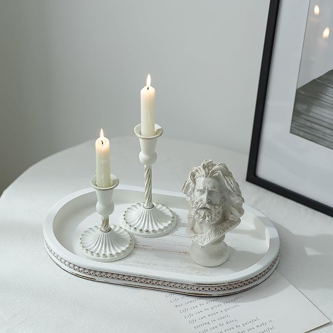 Hanobe Decorative Trays for Coffee Table : White Oval Centerpiece Tray Wood for Farmhouse Entry Table Decor Round Bathroom Tray for Living Room Kitchen Counter