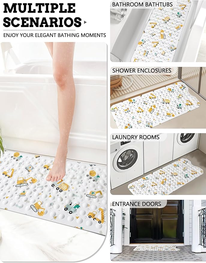LNOND Baby Bath Mat Non Slip,Kids Bath Mat for Bathroom,Dinosaurs Driving Excavator Shower Mat with Drain Holes and Suction Cups,40 X 16 Inch