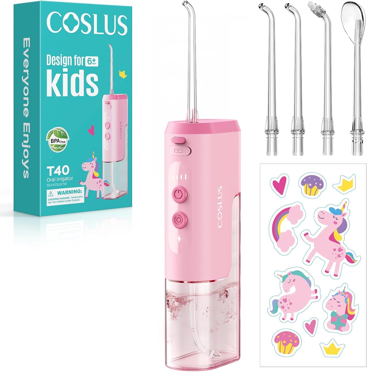 COSLUS Portable Water Flosser for Kids: 4 Gentle Modes for Ages 6+, Braces & Sensitive Teeth - with Fun DIY Stickers, 4 Storable Nozzles, Mini Compact for Home School & Travel Use, BPA-Free, Pink