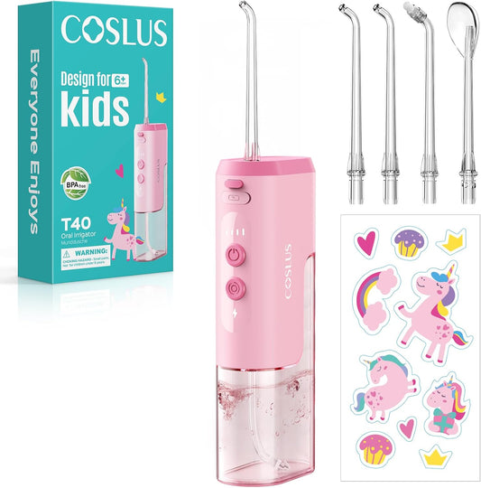 COSLUS Portable Water Flosser for Kids: 4 Gentle Modes for Ages 6+, Braces & Sensitive Teeth - with Fun DIY Stickers, 4 Storable Nozzles, Mini Compact for Home School & Travel Use, BPA-Free, Pink
