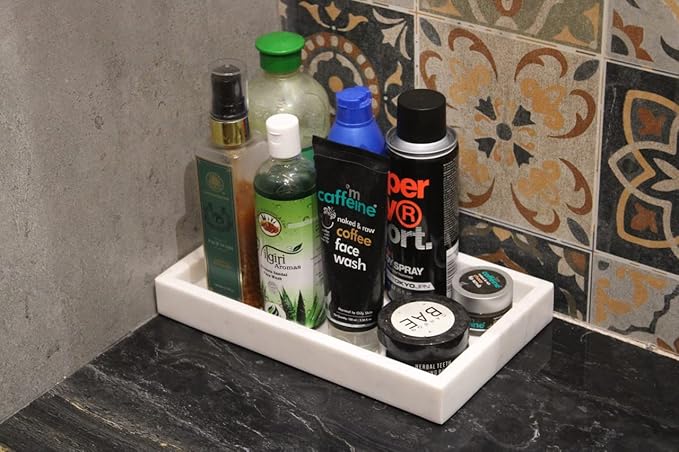 Natural White Marble Tray for Bathroom | Kitchen | Vanity | Desktop, Stone Organizer for Coffee Table, Dresser, Nightstand, Candles, Soap, Towel, Plant, Jewelry (10" x 6"), Rectangular