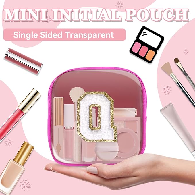 Mini Clear Personalized Initial Makeup Bag,Small Nylon Waterproof Zip Beach Cosmetic Pouch,Preppy A-Z Chenille Letter Patch Cute Coin Purse Travel Toiletry Bag Car Pack Bag for Women(Hot Pink-White Q)