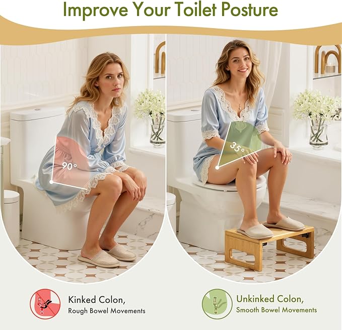 AmazerBath 7 Inches Bamboo Toilet Stool, Foldable Squat Potty Stool for Adults, Non-Slip Poop Stools for Bathroom, 0.79" Thickness Pooping Step Foot Stools for Kids, Natural Color