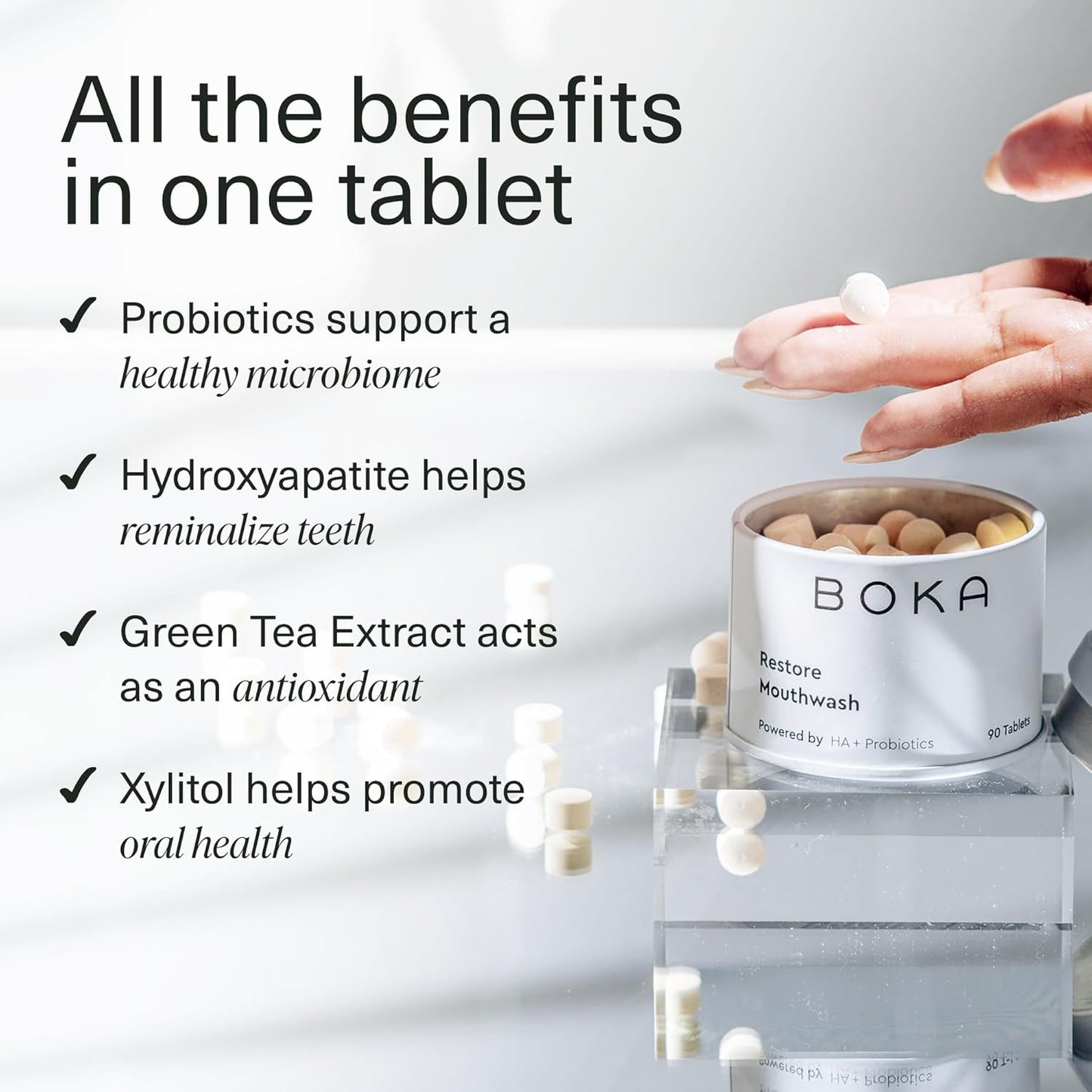 Boka Travel Size Mouthwash Tablets - Hydroxyapatite, Fluoride Free & Alcohol Free - Chewable Tablets to Freshen Breath, Kill Odor Quickly & Helps Remineralize Teeth - (Pack of 2, 90 Pcs, Mint)