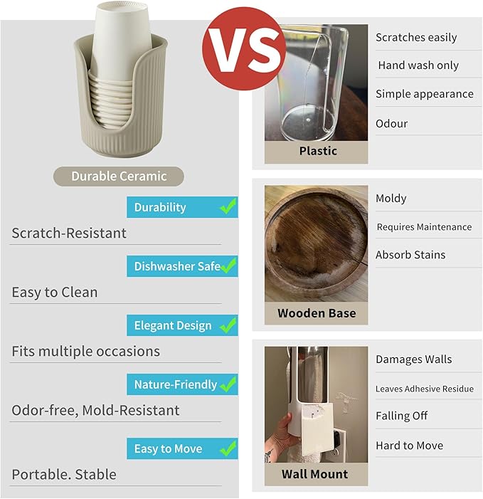 Ceramic Bathroom Cup Dispenser with Stylish Vertical Stripes - Disposable Mouthwash Cup Holder Holds 3-4oz Paper Cups for Rinsing Cups on Bathroom Vanity Countertops (Matte Beige)