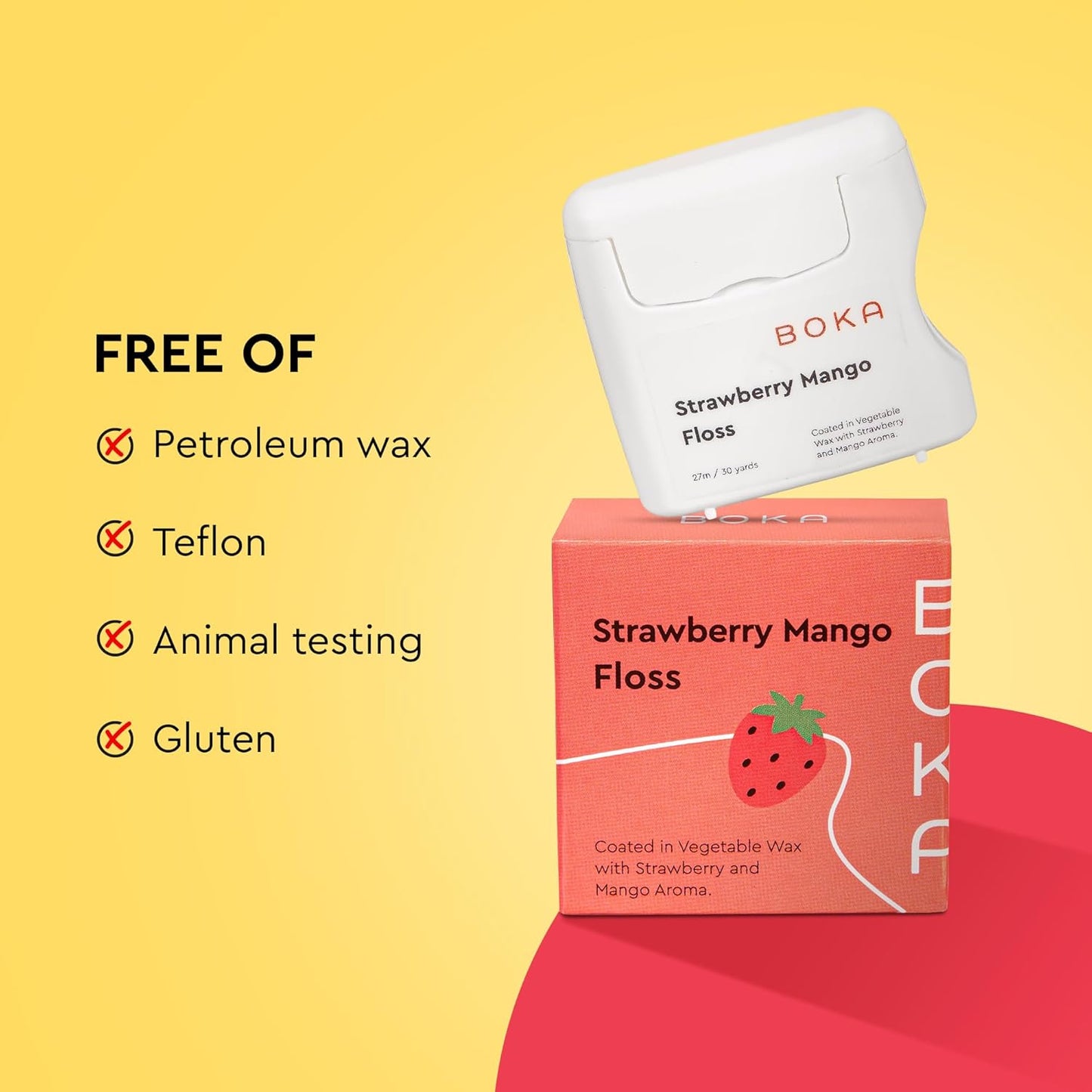 Boka Strawberry Mango Woven Dental Floss, Made from Natural Vegetable Wax, Teflon-Free, 30 Yards of Waxed Floss (Pack of 2)