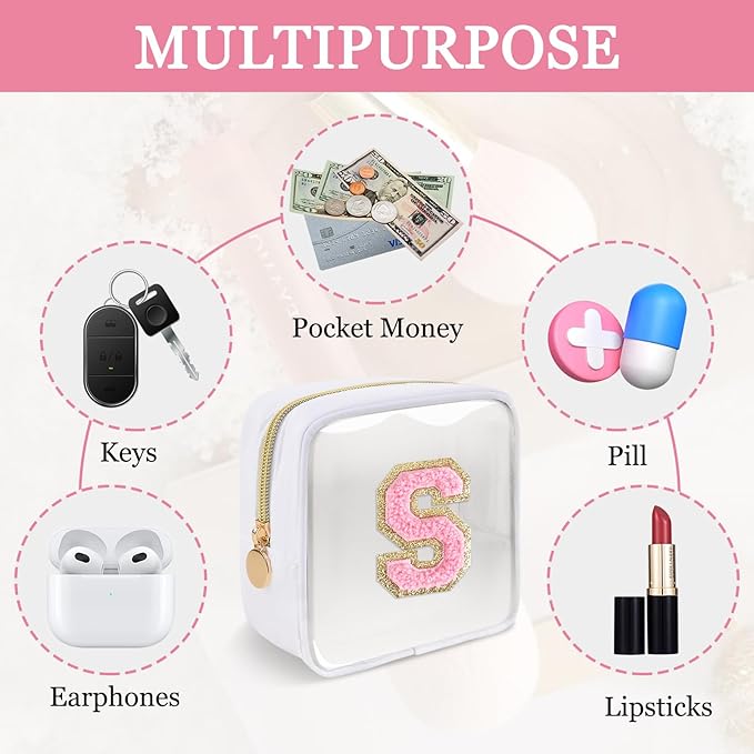 Mini Clear Personalized Initial Makeup Bag,Nylon Preppy A-Z Chenille Letter Patch Zipper Cosmetic Bag, Small Cute Beach Pouch Travel Purse Sanitary Napkin Storage Bag for Women Girls(White-Pink S)
