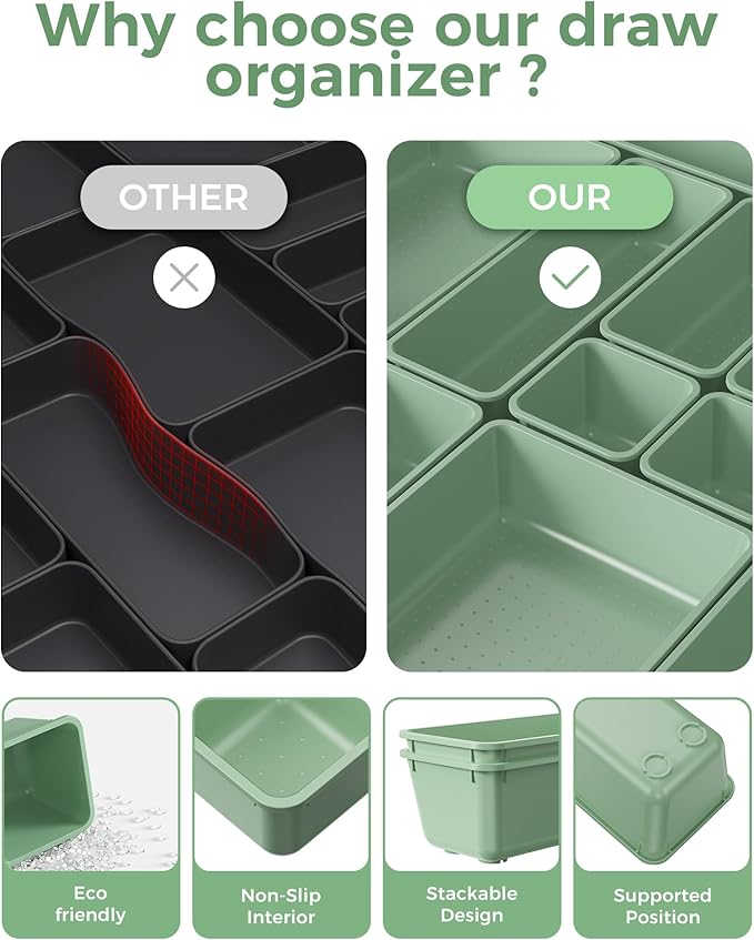 25 PCS Plastic Drawer Organizers Set, 4-Sizes Vanity and Makeup Organizer, Desk and bathroom Drawer Organizer Trays, Organizers and Storage for Makeup, Jewelry, Gadgets, Utensils (Green)